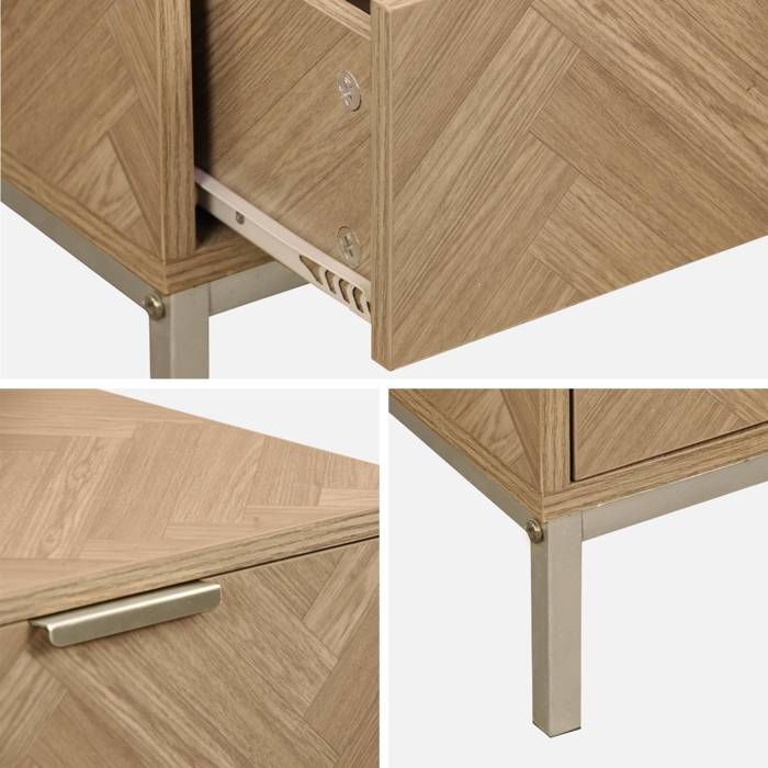 Mesita de noche BUDAPEST con efecto madera y diseño de espiga, con 2 cajones.
