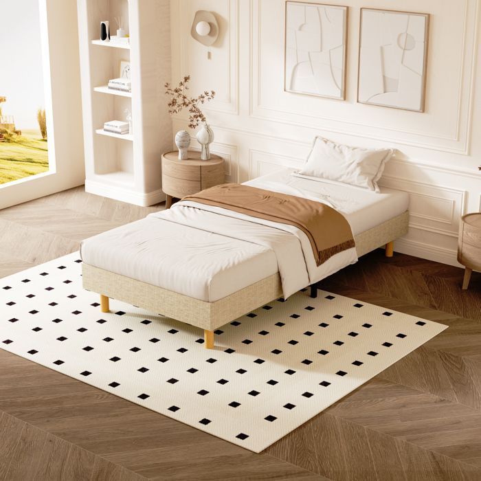 Base de cama tapizada, 90x190cm, robusta y cómoda. Cama de 90*190cm, 1x14 listones, 6 patas, altura del armazón 29cm, beige.