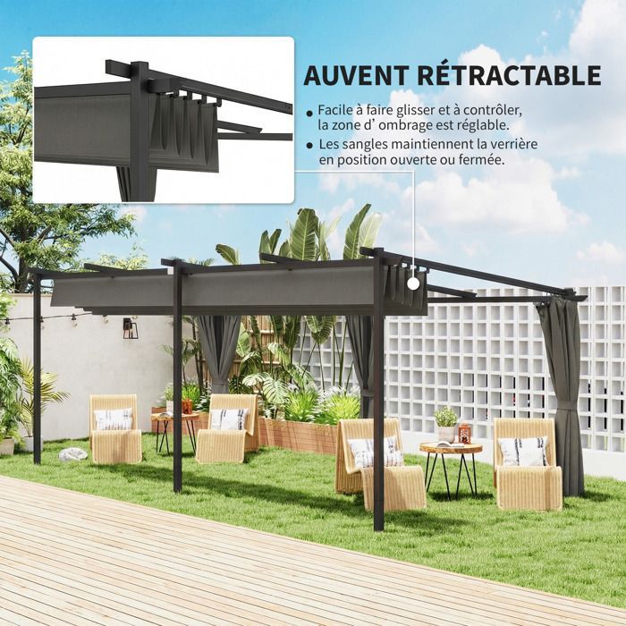 Tonnelle de jardin rétractable - Outsunny - toit coulissant - rideaux latéraux - métal - 3x6m - gris foncé