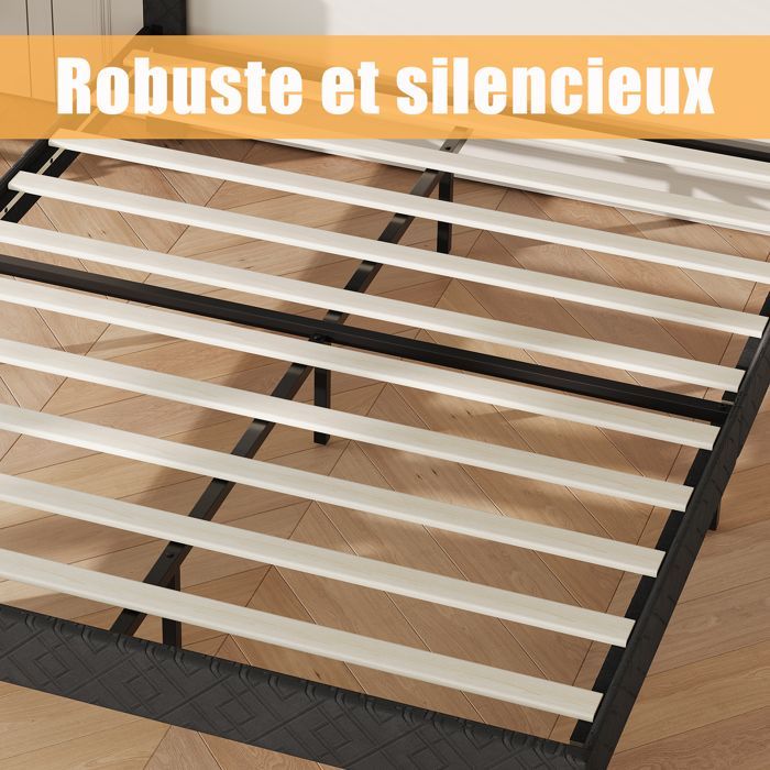 Lit 2 places 140x200 cm, Sommier à Lattes, lin gris, Tête de lit incluse, Style Naturel et Moderne pour Chambre, Facile à monter