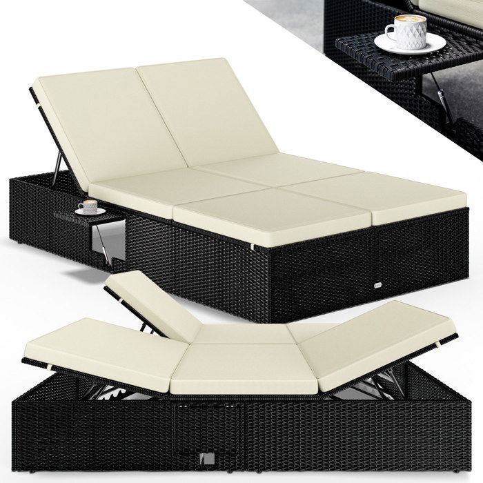 Lettino prendisole doppio CASARIA, nero/crema, estremità regolabili, sedia da esterno in polyrattan per 2 persone