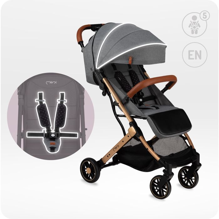 MoMi ESTELLE – Ultra Compact Baby Stroller – Lightweight 7.7 kg – One-Hand Fold – Suitcase Handlebar – Gold Grey