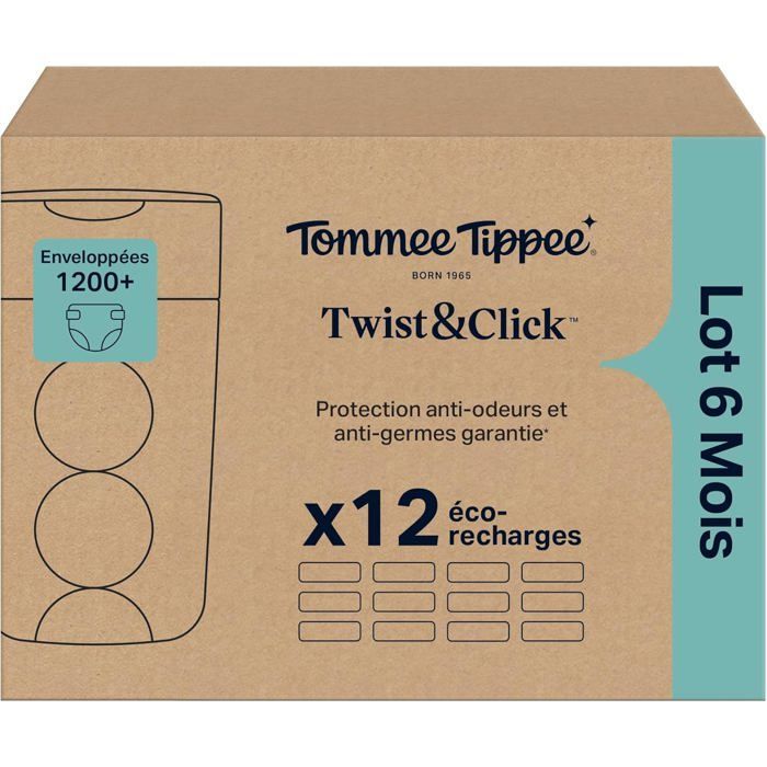 Pellicola di ricambio Twist & Click per cestino pannolini, confezione da 12, lunghezza 10,5 m ciascuna, pellicola antibatterica multistrato*, si inserisce