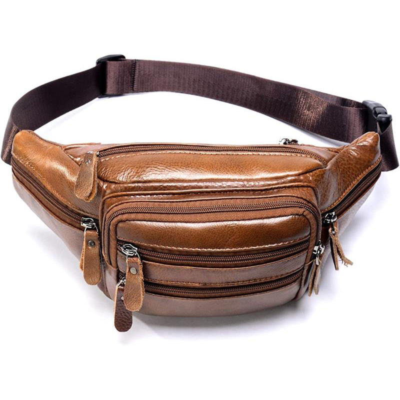 Sac banane unisexe en cuir véritable, multipoches et ceinture ajustable
