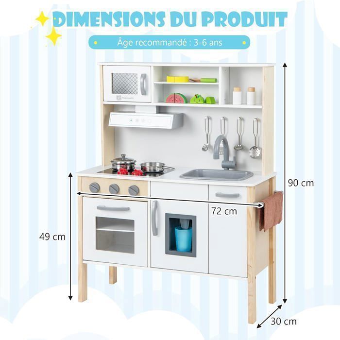 Cocina infantil de madera COSTWAY para niños de 3 a 6 años - 18 accesorios con fregadero, microondas, color blanco, dispositivo antivuelco