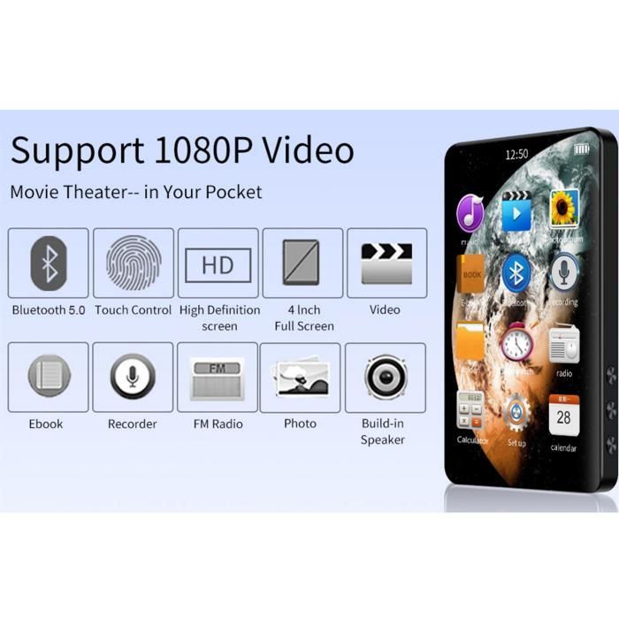 Lecteur MP5 Bluetooth écran tactile 4 pouces HD 1080P, audio HiFi, mémoire 16Go extensible