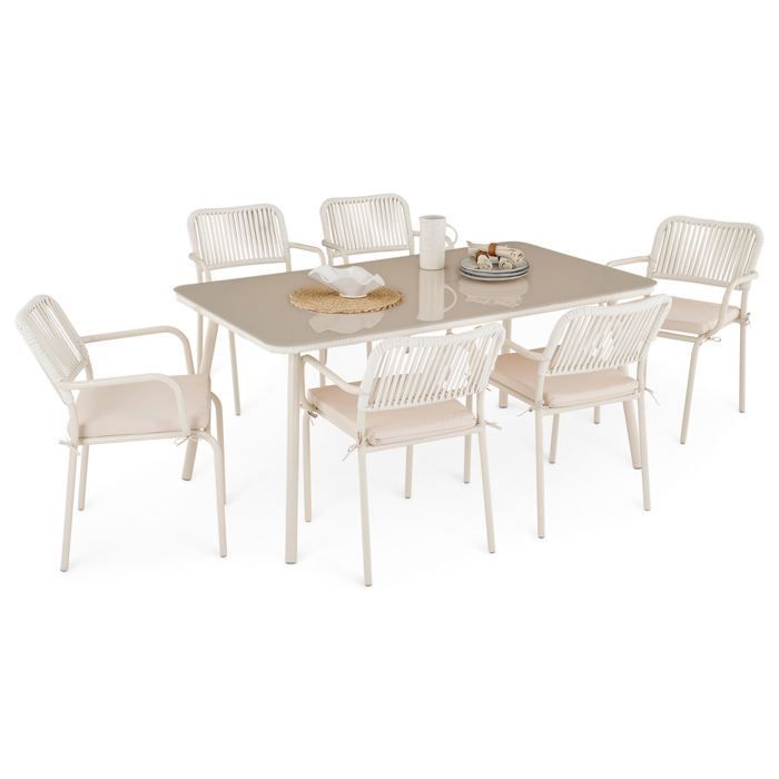 Mesa de jardín VOLONTE color beige con 6 sillas para 6 personas, tablero de cristal templado y estructura de aluminio.
