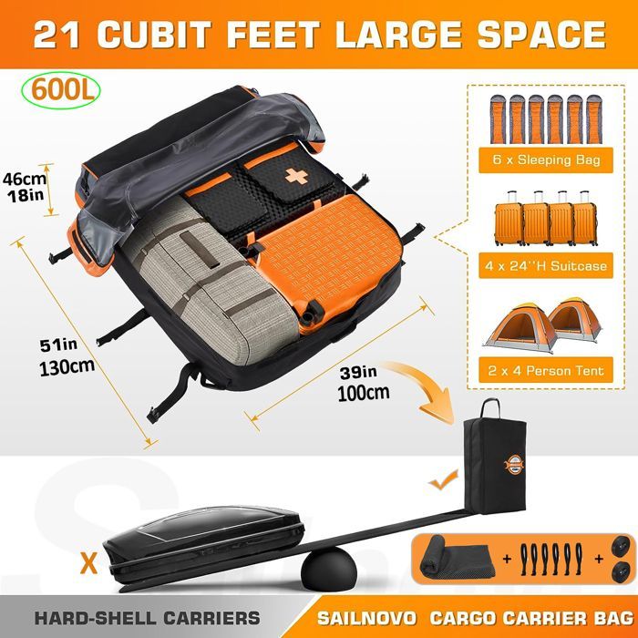Borsa da tetto per auto Sailnovo da 600 litri, box da tetto pieghevole, in tessuto Oxford impermeabile con cerniera, adatta con o senza barre portatutto.