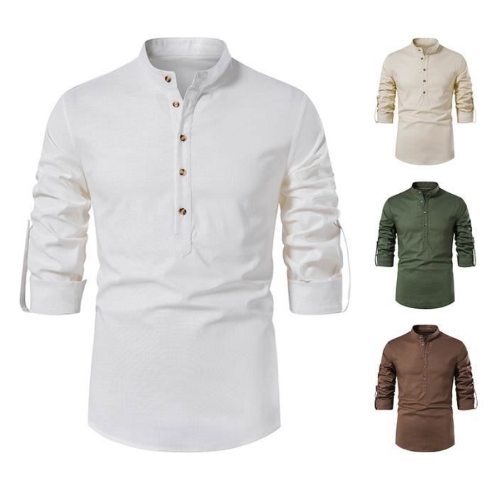 Men's Breathable Cotton Linen Shirt with Stand Collar and Long Sleeves - INSFITY - White