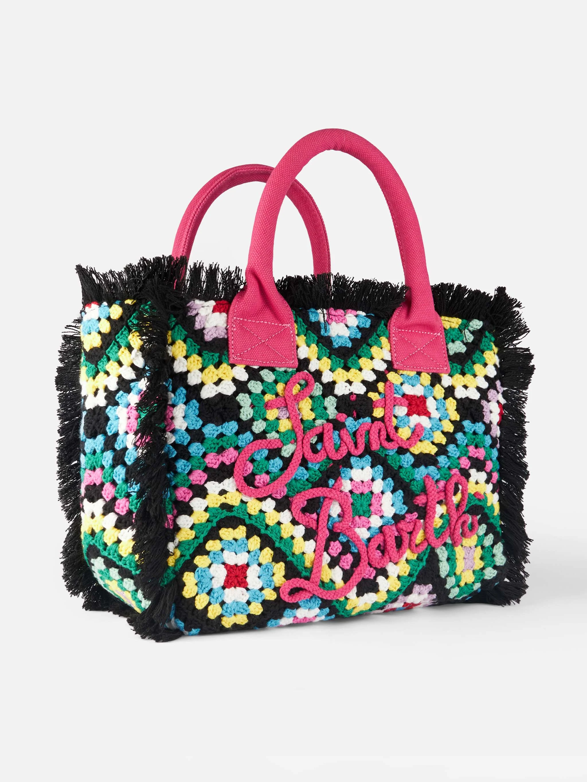 Gehaakte schoudertas van Vanity | Meerkleurig patroon op zwart | Geborduurd Saint Barth-logo | Binnenvak met rits | 40 cm x 32 cm x 20 cm | MC2 Saint Barth