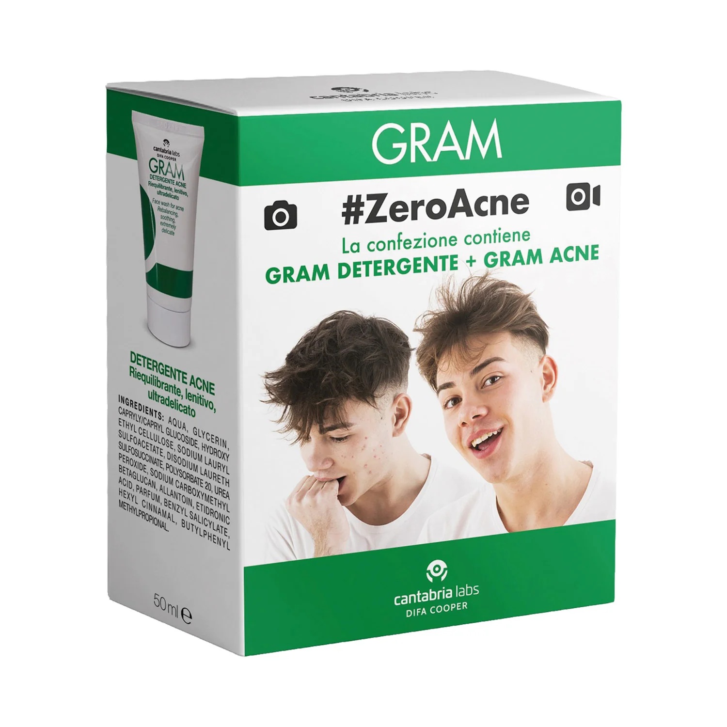 Kit de tratamento para acne CANTABRIA LABS DIFA COOPER com sabonete facial Gram Acne Treatment Cleanser 50 ml + creme Acne Treatment Cream 50 ml