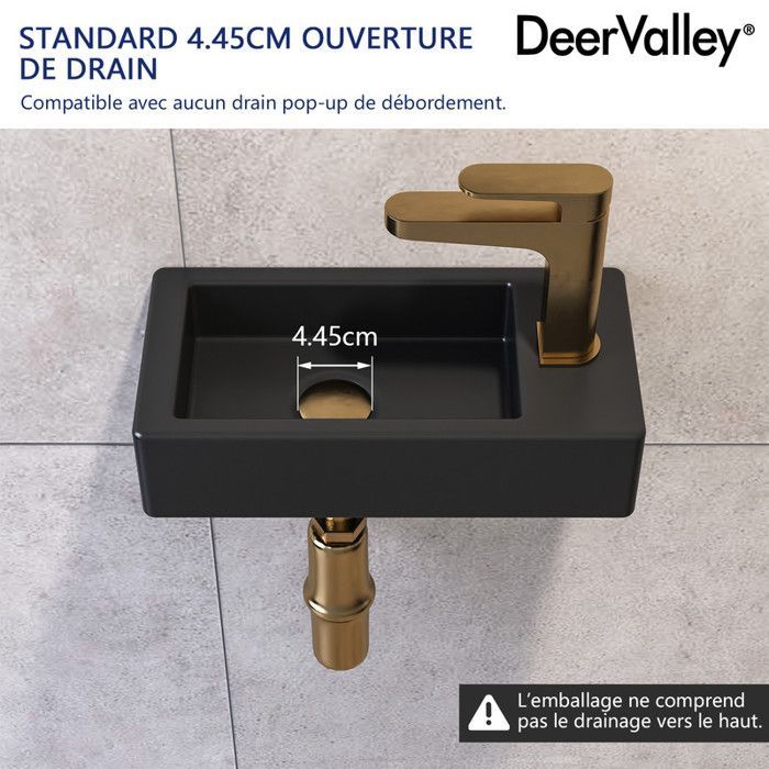 Vasque Lave Main Mini Meuble Vasque Rectangulaire Noir en Céramique pour Petit Espace (Main Droite), DV-1V0091R - DeerValley