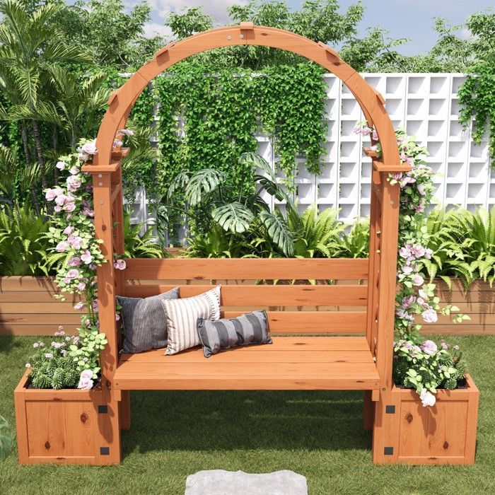 Vaso com treliça e assento para plantas trepadeiras, vaso/recipiente grande para jardim, pátio ou terraço, 160x30,5x160cm, Natural