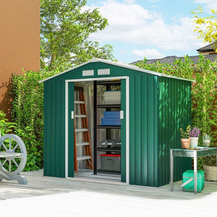 Gartenhaus – Outsunny – 2,42 m² Geräteschuppen, Fundamentset, abschließbare Tür – Stahl – 213 x 130 x 185 cm – grün