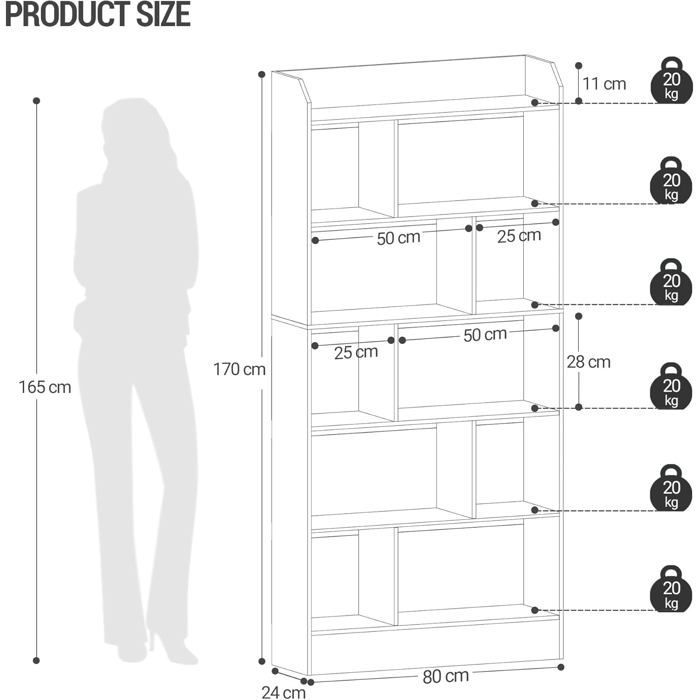 Estantería de 6 niveles, mueble para libros, separador de ambientes, expositor, para salón, dormitorio, oficina, roble beige.