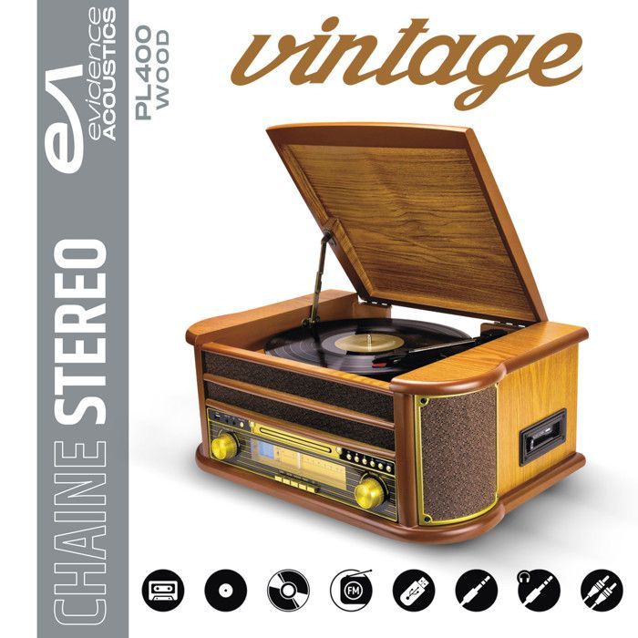 Evidence Acoustics EA-PL400 Plattenspieler – 33/45/78 Vinyl, 60 W PMPO, UKW-Radio, CD, Kassette, Bluetooth, USB, Aufnahme, Retro-Design, Holz
