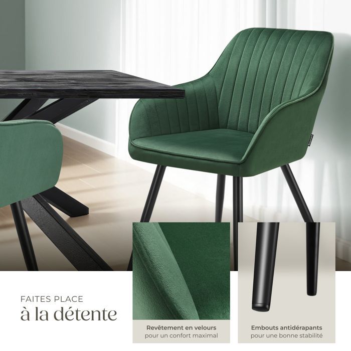 Chaise - TECTAKE - Fauteuil de salle à manger MARYLIN aspect velours avec pieds en acier noir - Vert Foncé