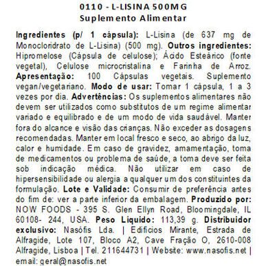 Now L-lizin 500 mg kapsule za vzdrževanje mišične mase 100 kapsul 100 kapsul