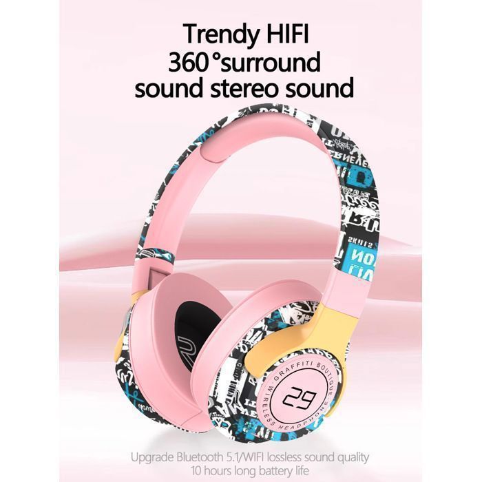 Cuffie LED wireless Bluetooth pieghevoli – Auricolari con cancellazione del rumore, bassi profondi, lunga durata della batteria, ideali per gaming/TV/sport, colore rosa