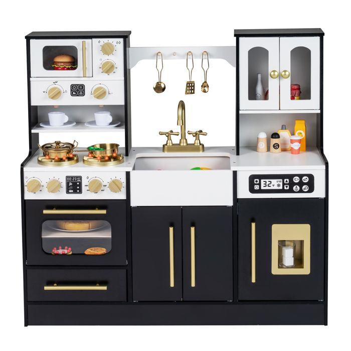 Cuisine Enfant COSTWAY en Bois 3Ans+, 12 Accessoires, Lumières et Sons, avecMachine à Glace, Micro-ondes, Machine à Café Noir