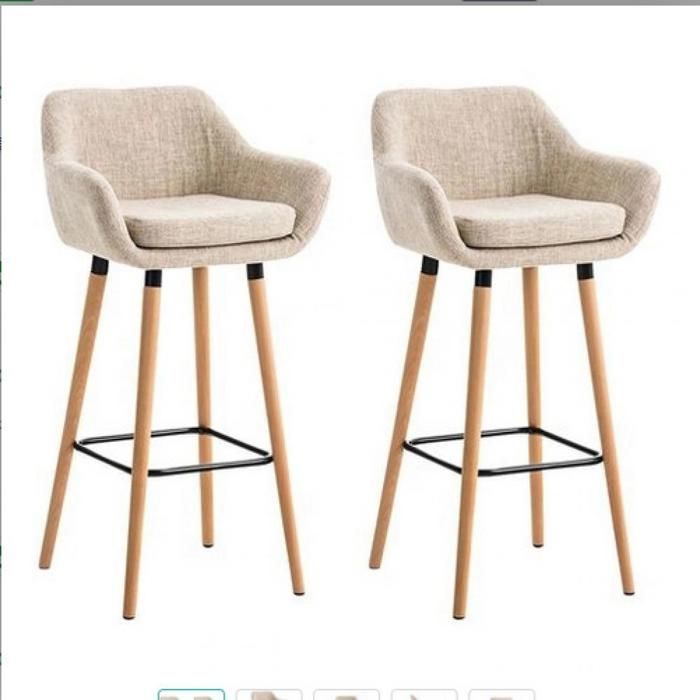 MIPAN. Juego de 2 taburetes de bar de lino con patas de madera - Sillas altas de bar tapizadas en tela - Taburetes de bar color beige