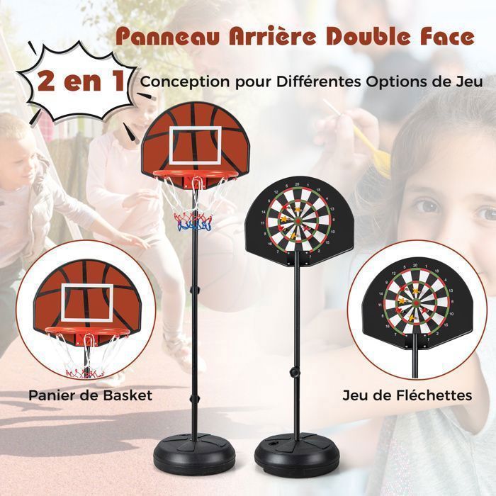 Aro de baloncesto y diana 2 en 1 COSTWAY - Altura ajustable de 130 a 180 cm - Tablero de doble cara - Base rellenable