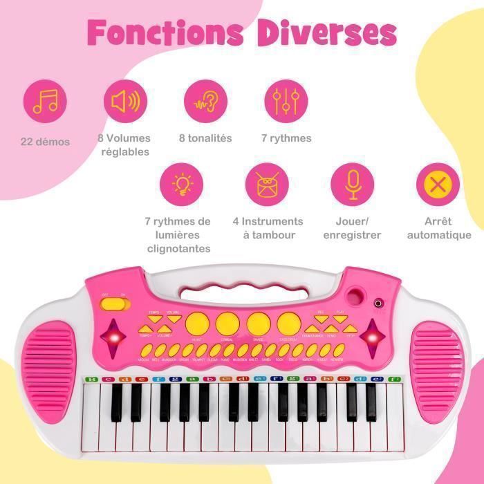 Piano electrónico para niños de 3 años, 31 teclas con taburete, COSTWAY - Micrófono, efectos de luz, 7 ritmos - Apagado automático - Rosa