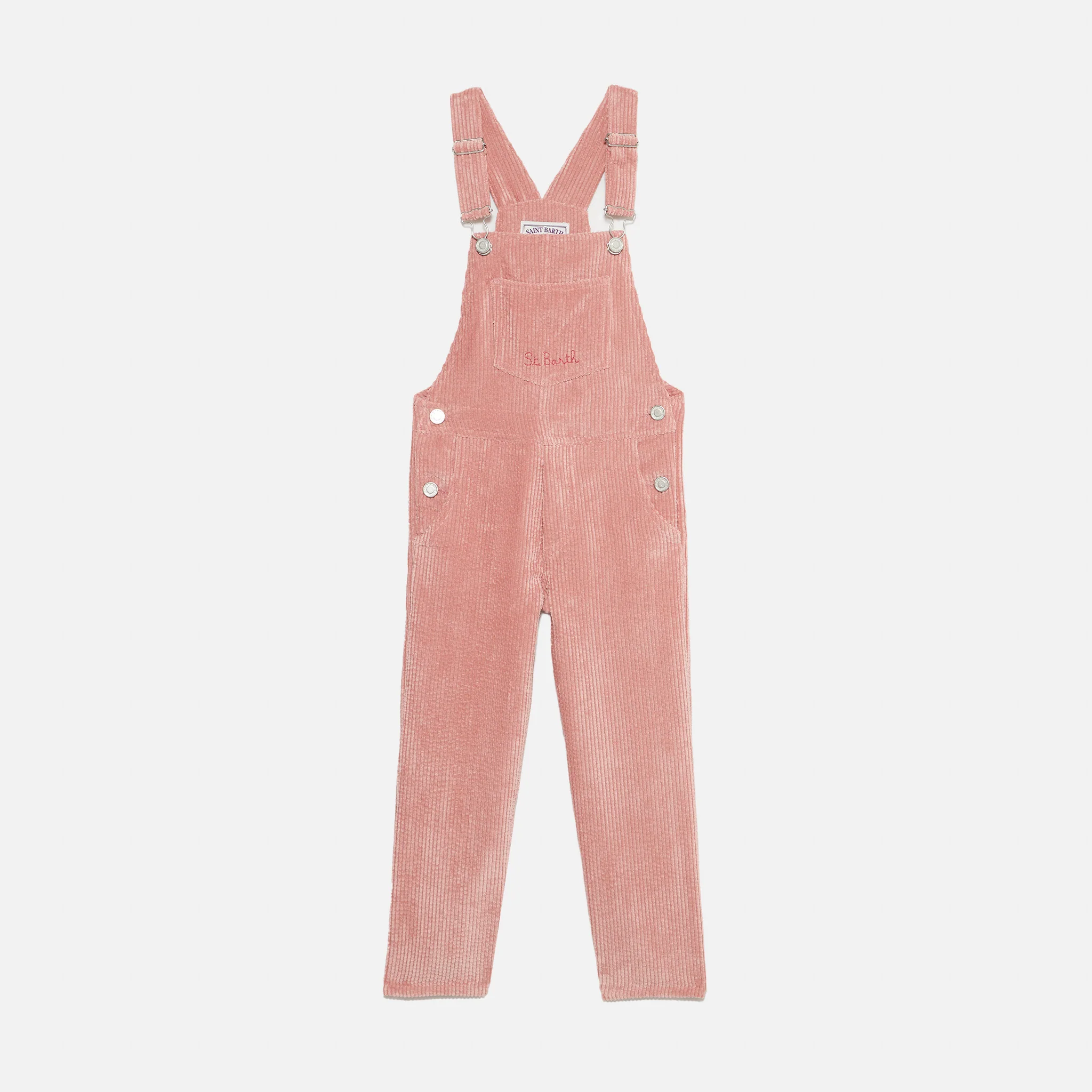 Roze corduroy tuinbroek voor meisjes met St. Barth-borduurwerk.