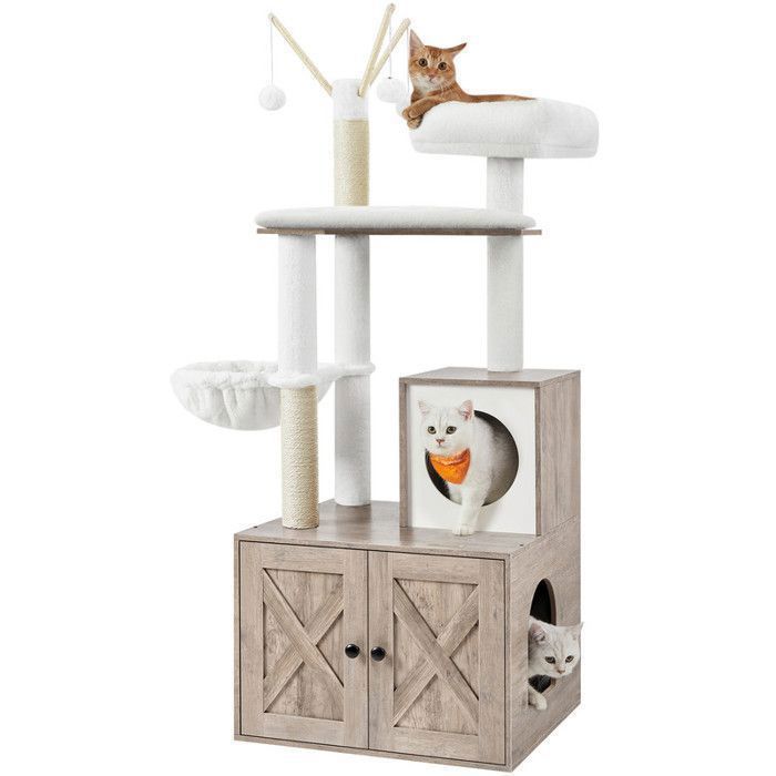Feandrea Arbre à Chat avec Maison de Toilettes, Griffoir Moderne 2-en-1, Cache-litière, Bâtons avec Pompons Amovibles, Grège