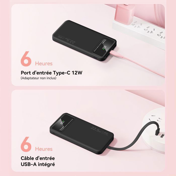 Batterie Externe Noire 20000mAh avec 4 Câbles Intégrés, 6 Sorties, 3 Entrées et Affichage LED, Power Bank Portable