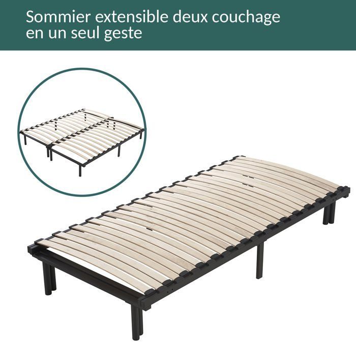 Base de cama de láminas extensible de 90-180x200 de SAMPUR | Versátil y modular - Zona para dormir individual o doble - Láminas de álamo duraderas