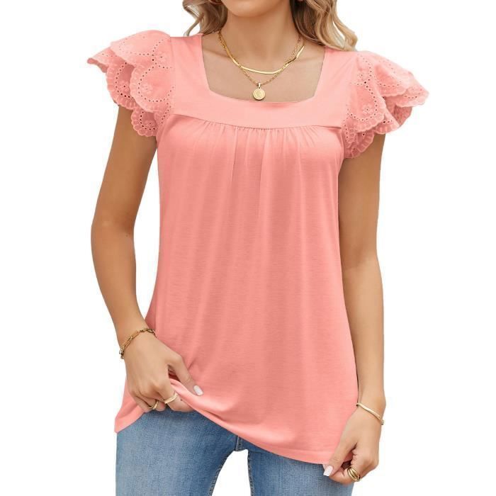 Dames T-shirt met korte mouwen en kant, effen kleur, casual zomershirt, losse pasvorm, comfortabele vierkante hals - EU-maat - Roze