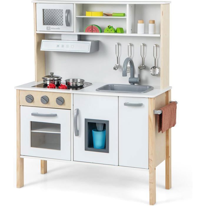 Cocina infantil de madera COSTWAY para niños de 3 a 6 años - 18 accesorios con fregadero, microondas, color blanco, dispositivo antivuelco