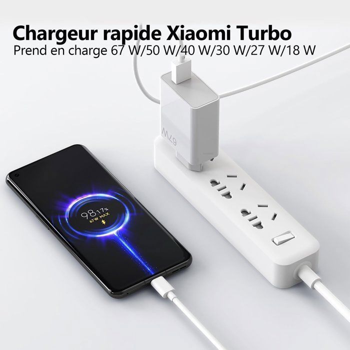 Lot de 2 Chargeur mural ultra rapide 67 W compatible avec les téléphones Xiaomi, avec câble USB A vers Type C de 1 mètre et 6 A
