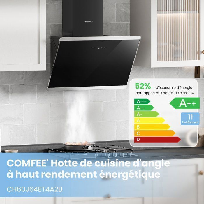 Cappa aspirante angolare Comfee da 60 cm - 480 m³/h - Classe energetica A++ - Comandi touch - 3 velocità - 2 filtri a carbone - Vetro nero