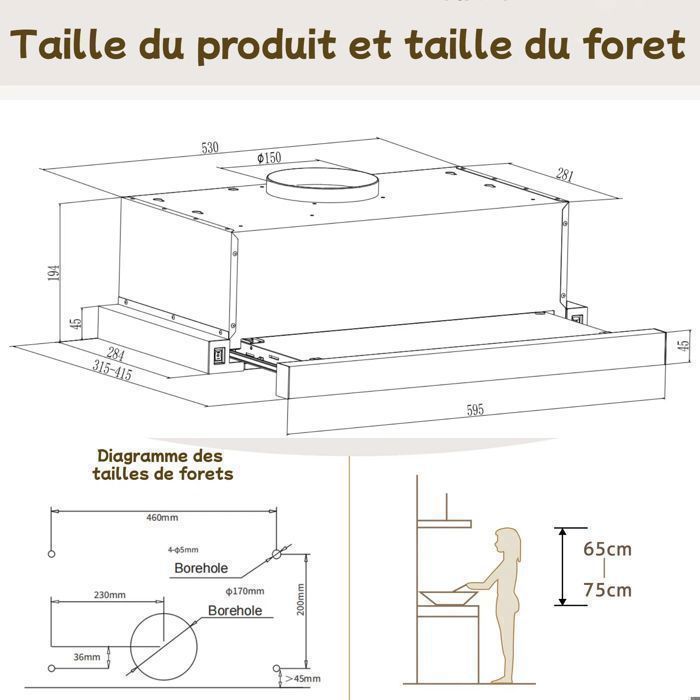 Hotte Aspirante 60cm-hotte -recirculation et évacuation - avec filtre à charbon - 2 vitesses - 620 m³/h - Encastrable- efficacité A