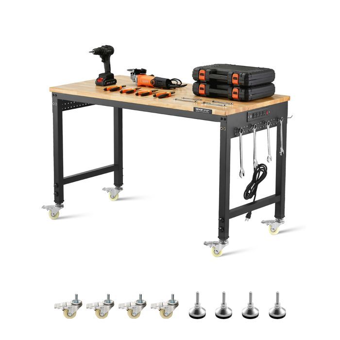 Banco de trabajo VEVOR, taller, garaje, mesa de trabajo rodante regulable en altura - Capacidad de carga de 907,2 kg - con toma de corriente