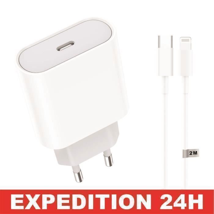 Chargeur USB-C 20W - Apple - iPhone 14/13/12/11 - Câble 2m - Charge rapide - Blanc ZISONIX®