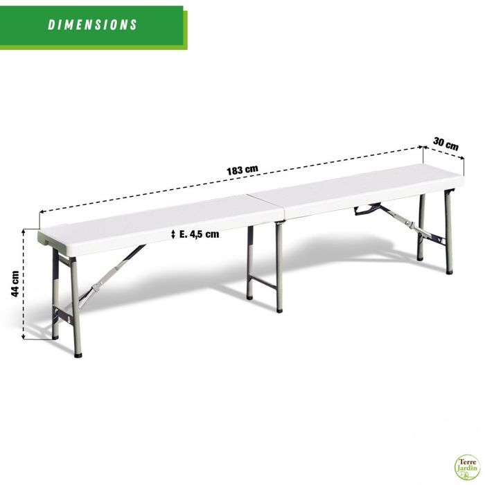 Banco de jardim dobrável TERRE JARDIN, 183x30x44 cm, aço e plástico - 4 lugares - compacto - branco