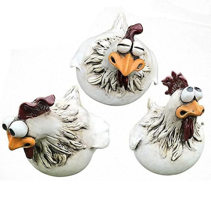 Statuette de poulet pour décoration de jardin - VIPITH - Lot de 3 - Résine - Blanc - Dimensions 13x14x13cm