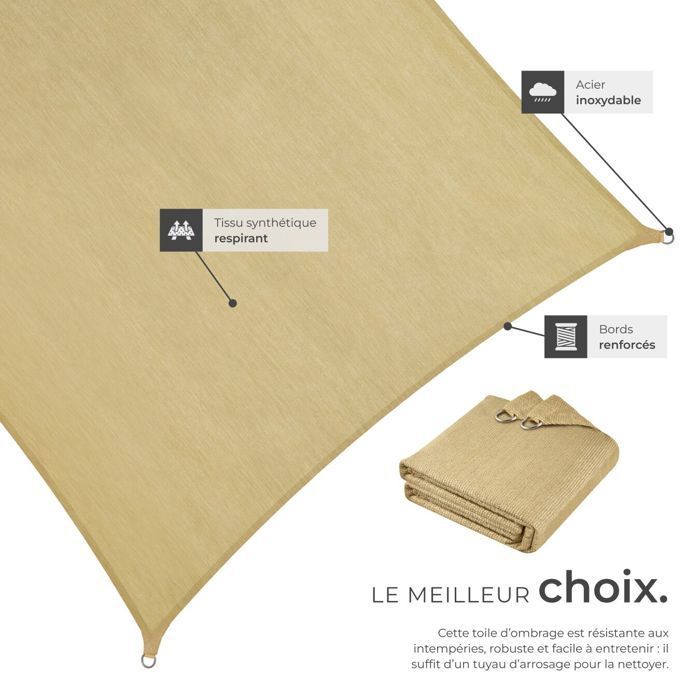 Voile d'ombrage - TECTAKE - Protection solaire SUNNY extérieur en HDPE indéchirable avec protection UV imperméable 3x4m - Sable