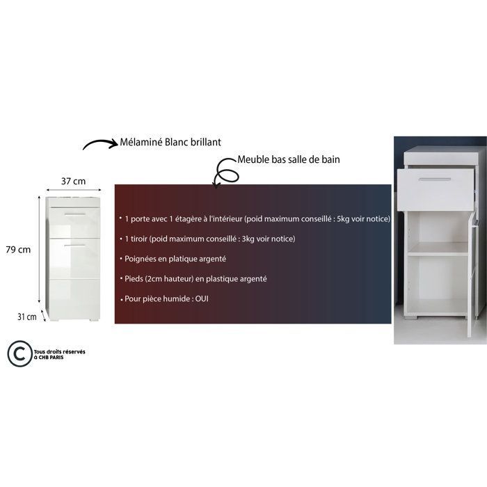 Mueble de baño bajo - 1 puerta y 1 cajón - Blanco - Ancho 37 x Profundidad 31 x Alto 79 cm - AMANDA