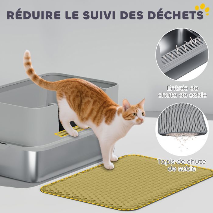 Bac à litière XL en acier inoxydable, maison de toilette pour grand chat, nettoyage facile 60,2 x 40,2 x 29,5 cm, gris