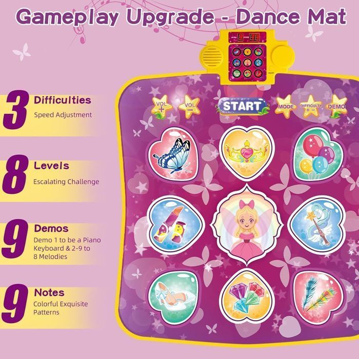 Tapis de Danse pour Enfants -Tapis de Jeu de Musique avec 9 Boutons Lumineux,Cadeaux d'anniversaire pour Filles de 3 à 15 Ans