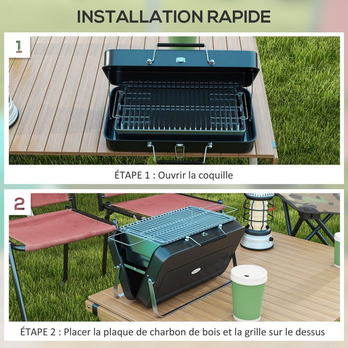 Mini churrasqueira a carvão - Outsunny - portátil, dobrável - com estojo - para jardim e camping - 47 x 30 x 28 cm - preta
