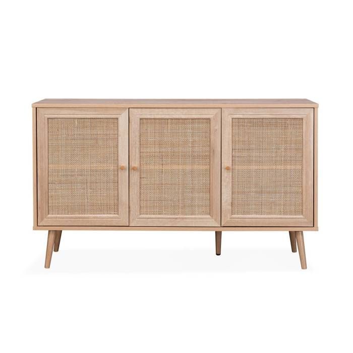 Aparador de mimbre de 120x39x70cm - Estilo bohemio - 2 estantes, 3 puertas, patas escandinavas. Aparador bajo.