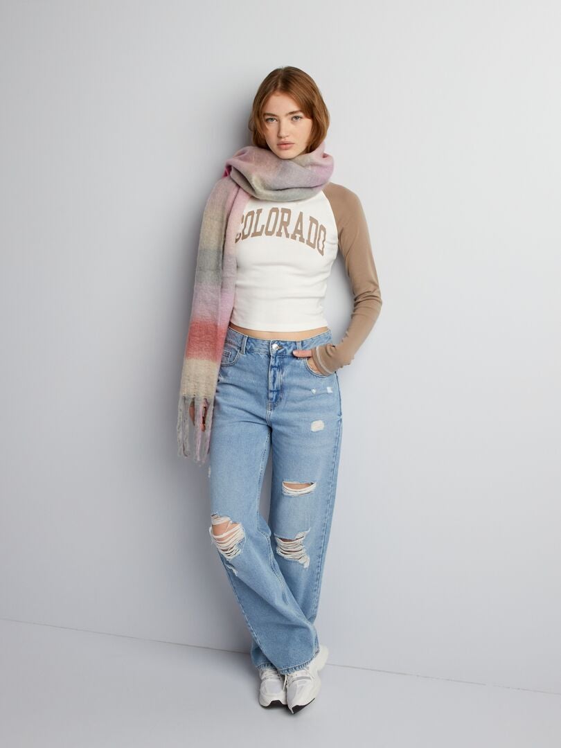 Cropped T-shirt met lange mouwen - BEIGE