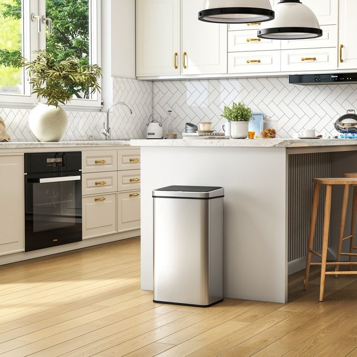 Cubo de basura automático para cocina - HOMCOM - 50L - tapa de cierre suave - acero inoxidable - 35,5x26x67cm - plata