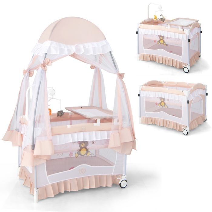 Cuna de viaje plegable 4 en 1 para bebé COSTWAY - Colchón, mosquitera, cambiador - 2 ruedas - Caja de música, 3 juguetes - Rosa