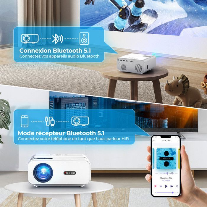 Mini projetor compatível com 4K, Full HD 1080p, Wi-Fi 5G+2.4G e Bluetooth para iOS/Android/TV Stick/PS5.
